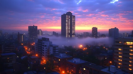 Fototapeta premium Dense fog over a cityscape with the tops of skyscrapers peeking through the mist at twilight