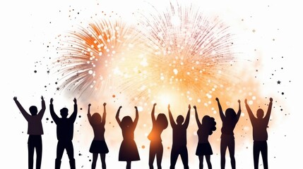 A group of joyful people celebrates winter holidays with fireworks, their silhouettes illuminated against a bright, colorful explosion in the night sky.