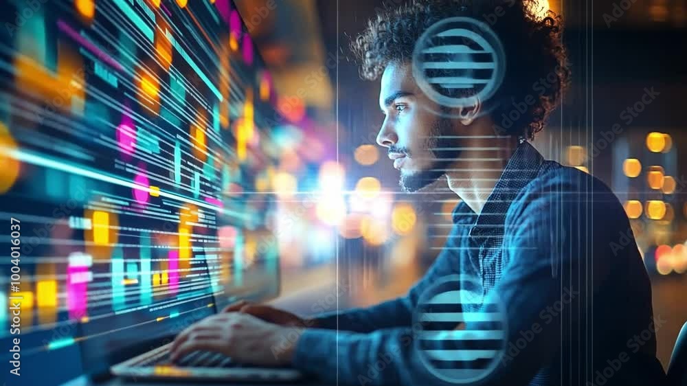 Poster young man working on a computer with digital data visuals at night in an urban setting