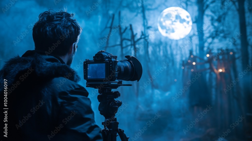 Poster a photographer stands amidst a foggy forest, capturing the mesmerizing view of a bright full moon il
