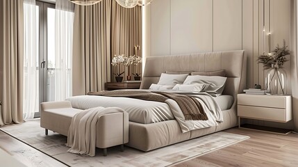 Spacious contemporary bedroom with an upholstered bed, elegant drapes, and a neutral color scheme