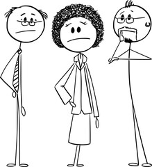 Diverse team thinking about problem , vector cartoon stick figure or character illustration.