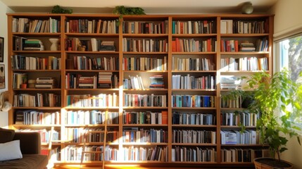 A wall of bookshelves brimming with various books stretches into the distance, bathed in warm sunlight, inviting readers into a world of endless knowledge and adventure.