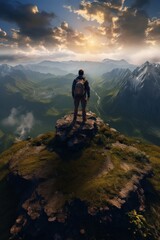 Fototapeta premium Photo of a backpacker on the top of the mountain.