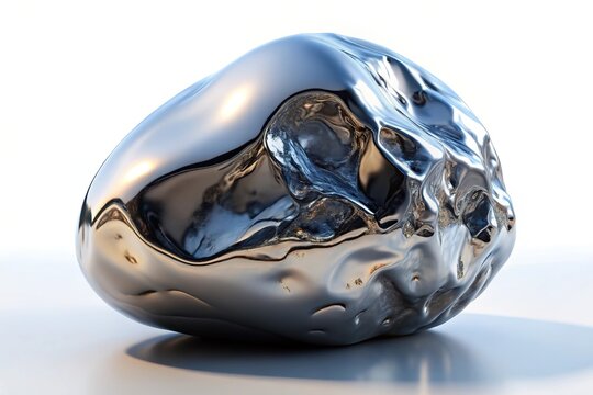 Wrinkled chrome stone sculpture isolated futuristic crumpled aluminum object
