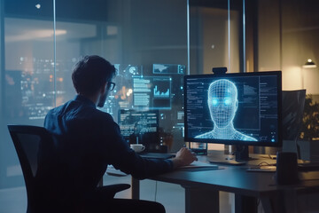 A human employee working at a modern office desk, with an AI hologram next to them, collaborating in real-time on a project