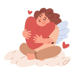 Cute little girl cupid sits on fluffy cloud and gently hugs large heart. Vector illustration for valentine's day.