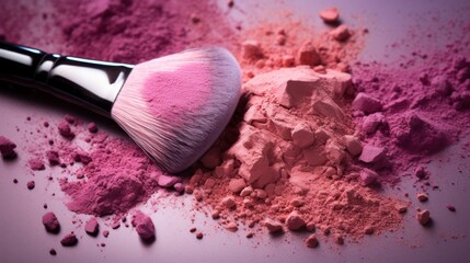 A makeup brush lies on a textured surface scattered with vibrant pink and purple powder, evoking a sense of creativity and beauty routine.