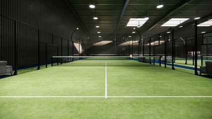 A green padel tennis courts sport facilities inside hangar building