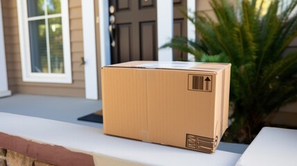 A brown delivery box sits on a doorstep, representing fast home delivery and convenience in a suburban neighborhood.