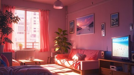 a living room with a pink theme in anime style