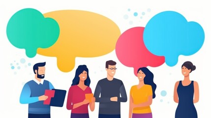 An illustration showing diverse individuals engaging in discussion with colorful chat bubbles, emphasizing communication and idea sharing in a connected community.