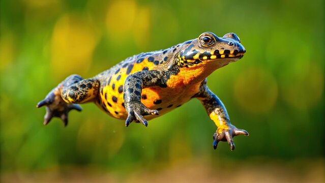 Yellow bellied toad Bombina variegata in mid-air