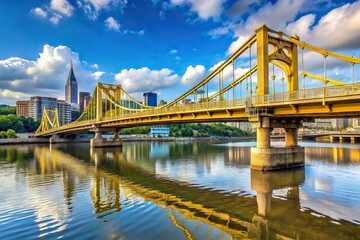 Yellow bridges over the Allegheny River in Pittsburgh Pennsylvania