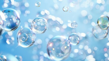 A cluster of air bubbles hovers above the deep blue sea, dotted with countless tiny water droplets.