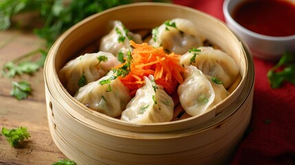 Asian dumplings in a bamboo steamer, garnished with carrots and served with red sauce, on a rustic wooden table.