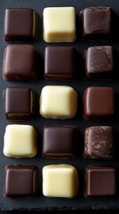 Fototapeta premium Dominostein: Chocolate Confectionery filled with layered Lebkuchen, Gingerbread, apricot jelly, marzipan or persipan. Traditional German, Austrian Christmas chocolates, Milk, dark, white chocolate.