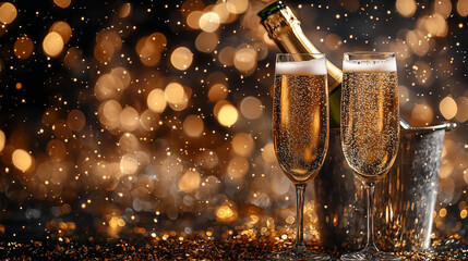 Celebrate the season with this elegant champagne display, featuring chilled bubbles and sparkling bokeh lights—ideal for Christmas and New Year’s festivities, motive cards and new year wishes