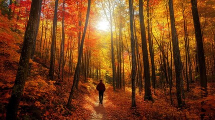 Solitary Figure Walking Through a Golden Autumn Forest