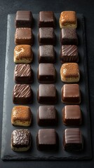 Obraz premium Dominostein: Chocolate Confectionery filled with layered Lebkuchen, Gingerbread, apricot jelly, marzipan or persipan. Traditional German, Austrian Christmas chocolates, Milk, dark, white chocolate.