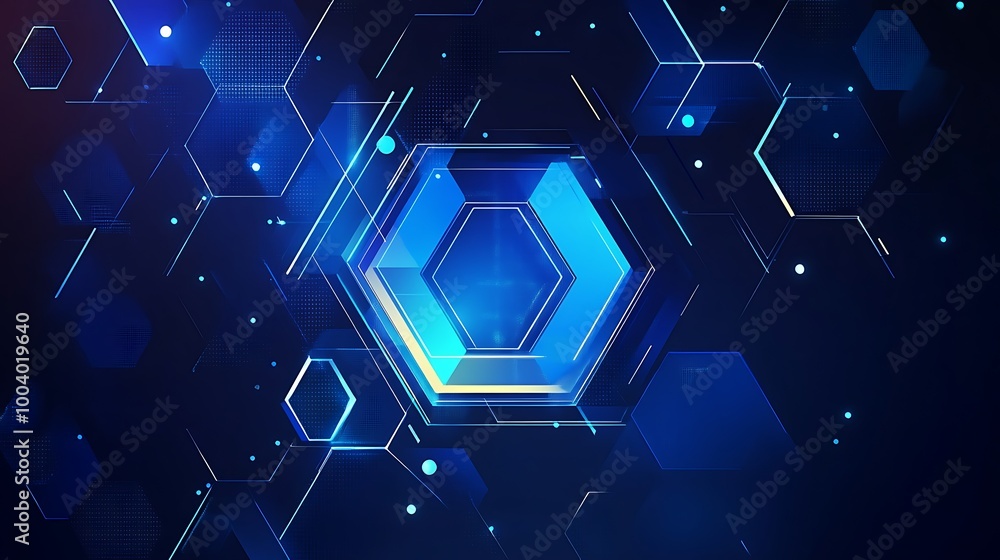 Poster Abstract blue hexagon on a dark background with digital elements.