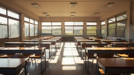 An empty classroom with neatly arranged desks and chairs, bathed in soft sunlight from the large windows, creating a serene learning environment.
