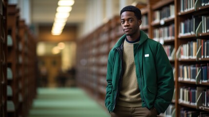 Obraz premium A confident young man in a green jacket stands in the middle of a library aisle lined with bookshelves.