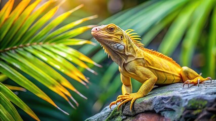 Fototapeta premium Yellow iguana sunbathing on a rock surrounded by tropical leaf from a high angle view