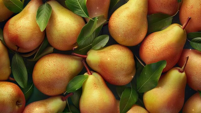 Close up of fresh yellow pear fruit background with leaves, top view. Photorealistic high resolution macro photography for advertising or food design.