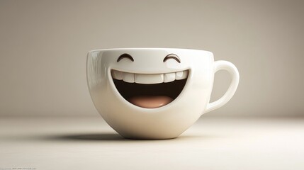A smiling coffee cup with a big grin on its face