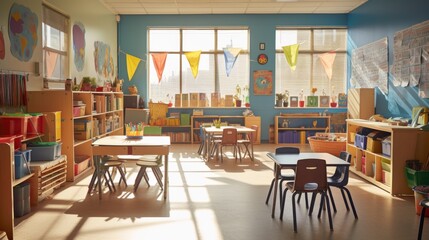 A sunlit classroom filled with colorful furniture and educational materials, creating a bright and inviting learning environment.