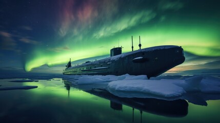 Fototapeta premium A submarine stationed in icy Arctic waters, under the vibrant glow of the Northern Lights in a stark, beautiful landscape.