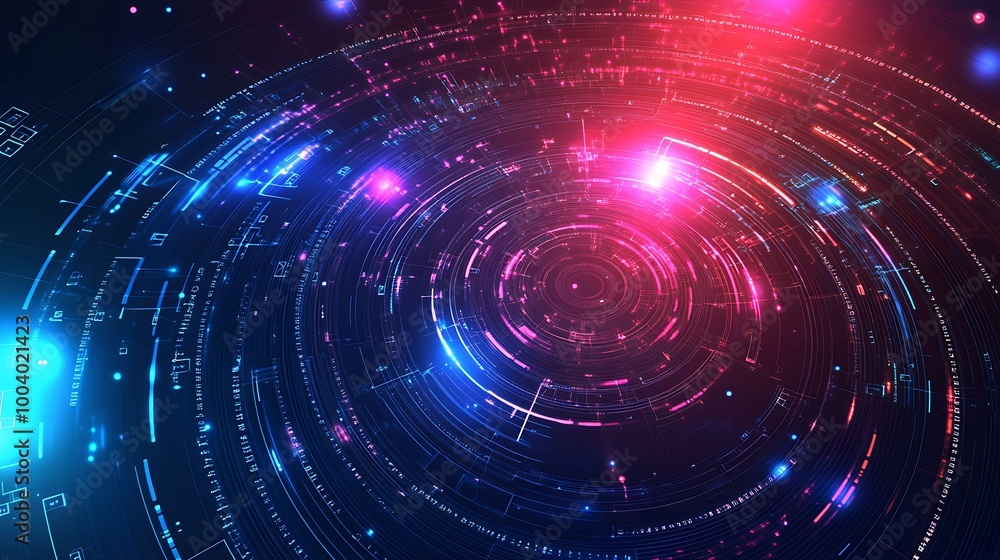 Aufkleber Abstract digital background with glowing circles and lines in blue and red on a dark background.
