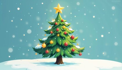 Obraz premium Christmas tree decorated with ornaments and a star on top in a snowy background for holiday spirit concept 