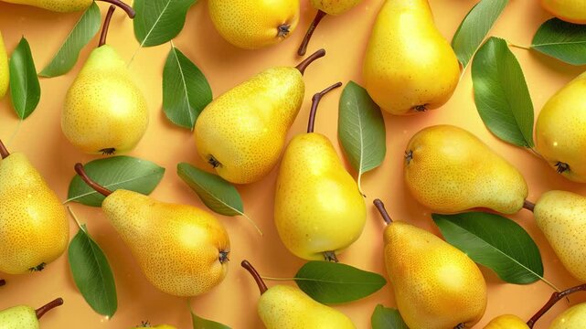 Close up of fresh yellow pear fruit background with leaves, top view. Photorealistic high resolution macro photography for advertising or food design.
