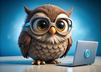 Obraz premium Intelligent owl with big eyes and wearing glasses, sitting near a computer laptop, blue background 