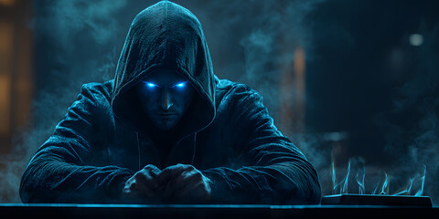 Mysterious hooded figure with glowing blue eyes and intense stare
