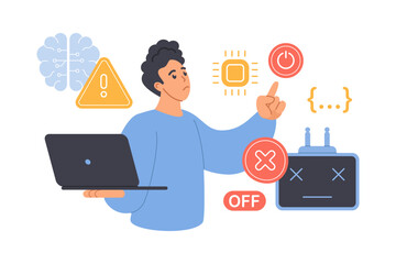 Control and refusal to use AI services. Tiny man with laptop pressing red off button, cross over robots head to prohibit work of brain with artificial intelligence cartoon vector illustration