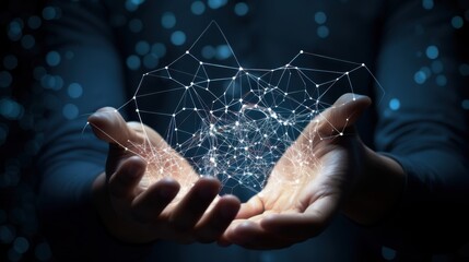 A scientist's hands lift a glowing, angular network, symbolizing innovation and technological advancement.