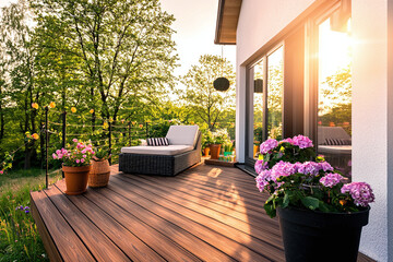Fototapeta premium a modern apartment balcony with wooden deck, potted plants, and lounger, urban oasis 