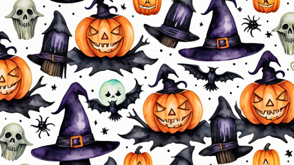 Hellowen seamless pattern. Watercolor hand drawn endless texture. Gothic and scarry festive ornament. Helloween decorations, pumpkins, witch, candle, raven, ghost, broom.