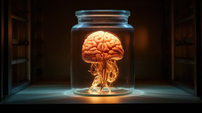 A preserved human brain glows eerily inside a glass jar, illuminated in a dark environment creating an intriguing and slightly haunting visual.