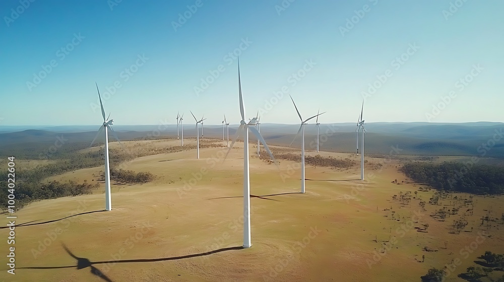 Poster a large-scale wind farm generating renewable energy with advanced turbine technology.