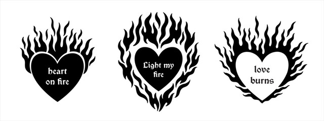 Gothic goth angel core y2k flaming burning hearts illustrations. Heart on fire, love burns, light my fire typographic compositions. Black white print design collection. Valentine's day templates set. © Elena Panevkina