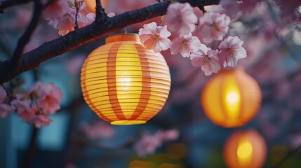 Fototapeta premium Warm yellow lanterns and pink cherry blossoms under a magical dusk, creating a serene and picturesque setting.