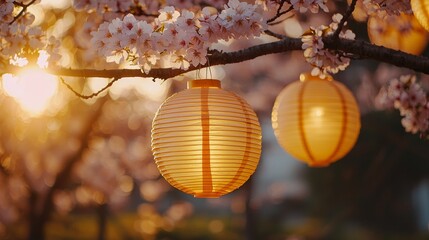 Fototapeta premium Warm yellow lanterns and pink cherry blossoms under a magical dusk, creating a serene and picturesque setting.