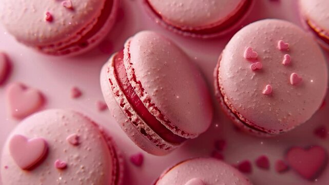 Close up of love macaron background, top view. Photorealistic high resolution macro photography for advertising or food design.