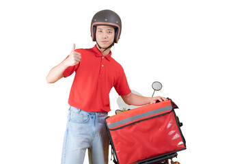 Cheerful young delivery man stands casually beside a red motorcycle