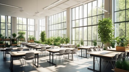 A modern classroom with neat rows of tables and chairs is bathed in natural light from large windows, creating a bright, airy learning environment.