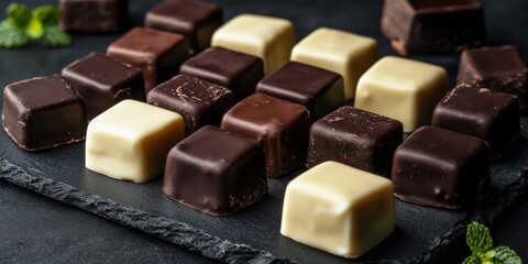 Dominostein: Chocolate Confectionery filled with layered Lebkuchen, Gingerbread, apricot jelly, marzipan or persipan. Traditional German, Austrian Christmas chocolates, Milk, dark, white chocolate.